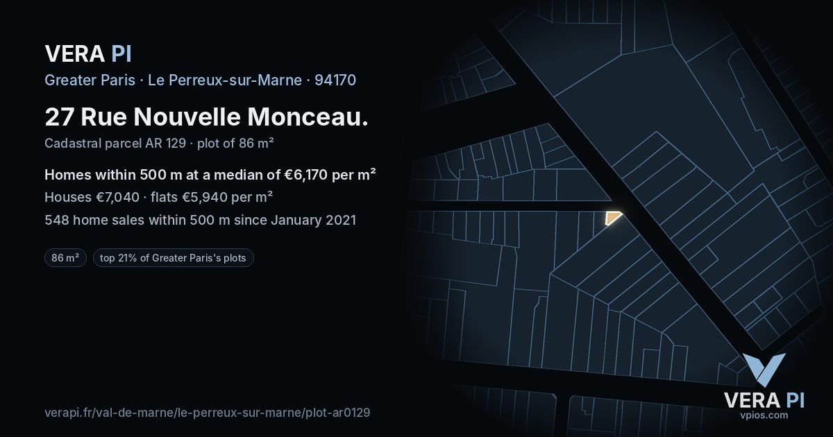 27 Rue Nouvelle Monceau, Le Perreux-sur-Marne at night – the plot lit, the parcels around coloured by the prices near them