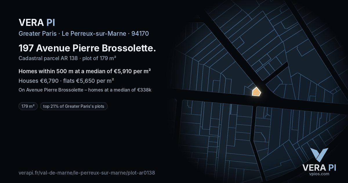 197 Avenue Pierre Brossolette, Le Perreux-sur-Marne at night – the plot lit, the parcels around coloured by the prices near them