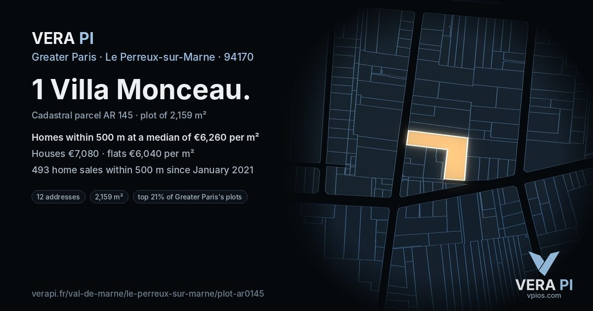 1 Villa Monceau, Le Perreux-sur-Marne at night – the plot lit, the parcels around coloured by the prices near them