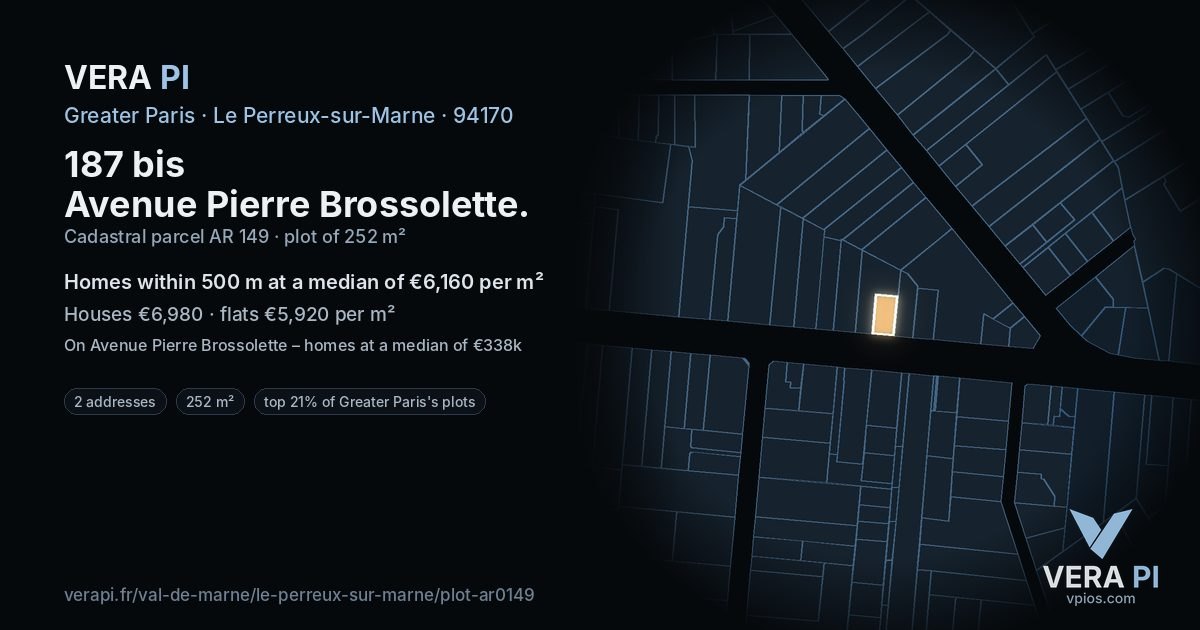 187 bis Avenue Pierre Brossolette, Le Perreux-sur-Marne at night – the plot lit, the parcels around coloured by the prices near them