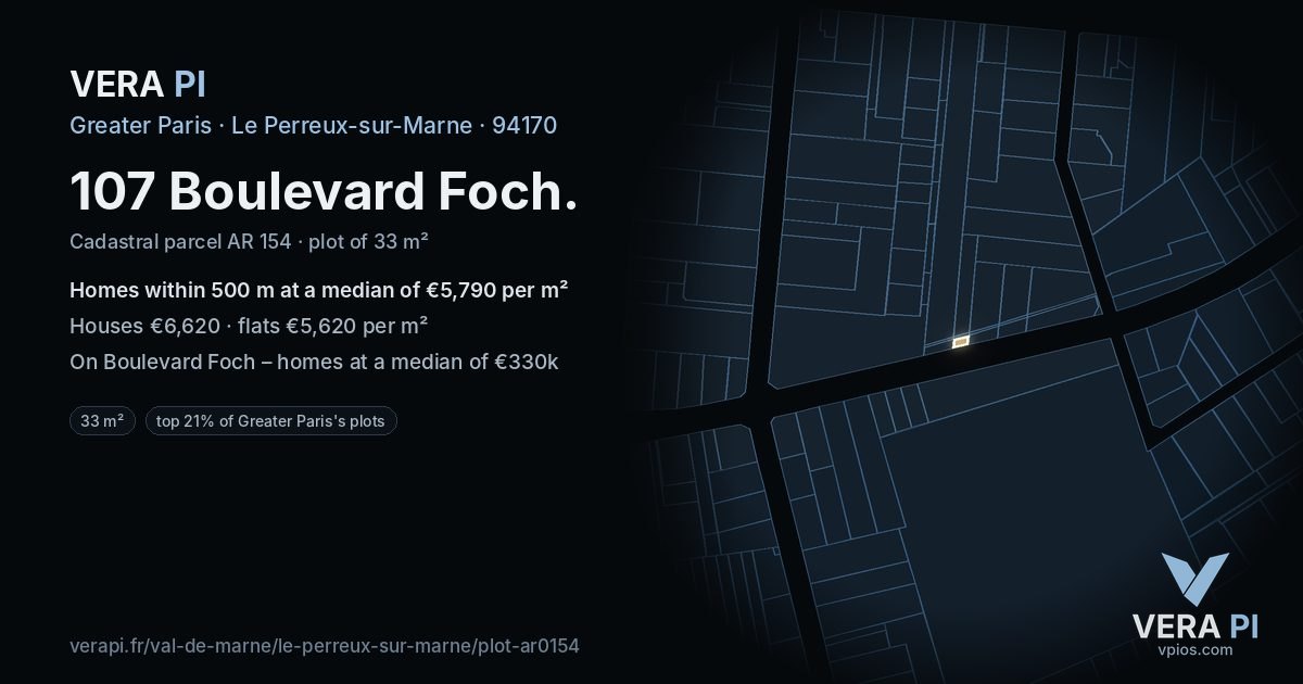 107 Boulevard Foch, Le Perreux-sur-Marne at night – the plot lit, the parcels around coloured by the prices near them