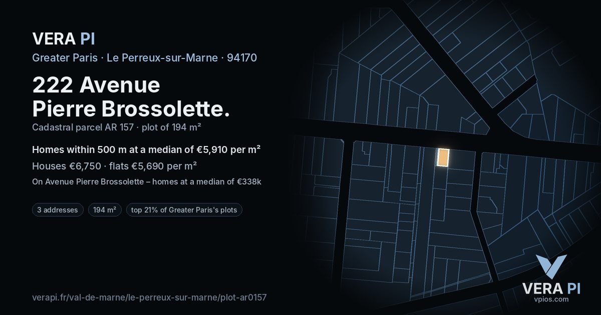 222 Avenue Pierre Brossolette, Le Perreux-sur-Marne at night – the plot lit, the parcels around coloured by the prices near them