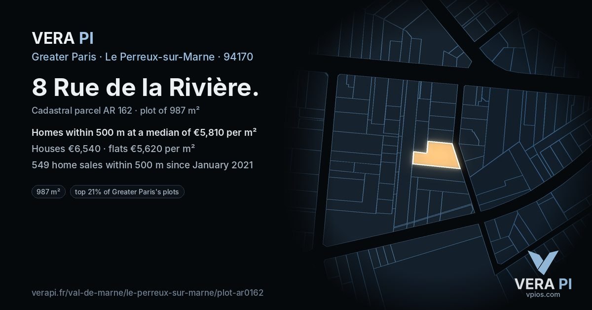 8 Rue de la Rivière, Le Perreux-sur-Marne at night – the plot lit, the parcels around coloured by the prices near them