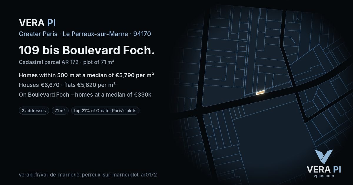 109 bis Boulevard Foch, Le Perreux-sur-Marne at night – the plot lit, the parcels around coloured by the prices near them
