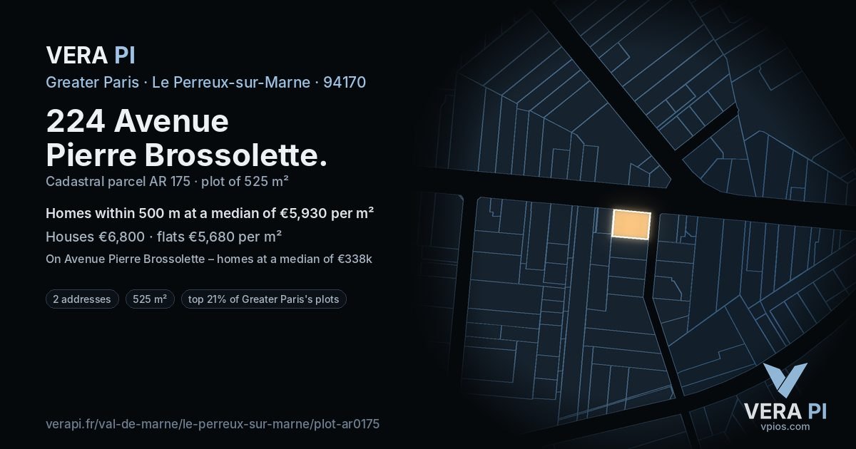 224 Avenue Pierre Brossolette, Le Perreux-sur-Marne at night – the plot lit, the parcels around coloured by the prices near them