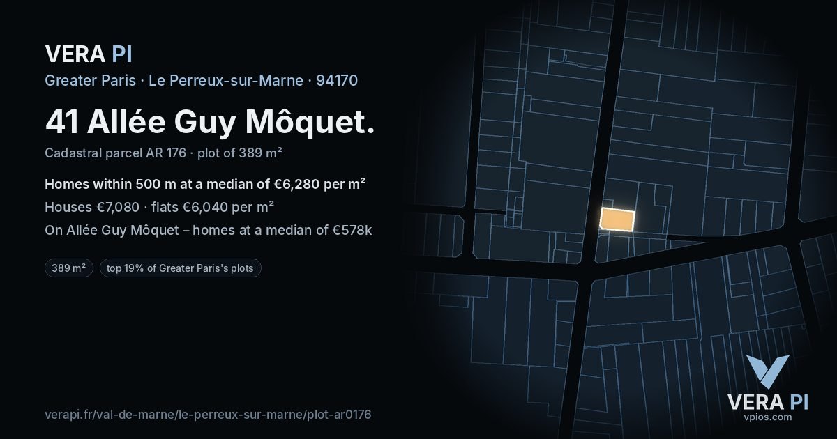41 Allée Guy Môquet, Le Perreux-sur-Marne at night – the plot lit, the parcels around coloured by the prices near them