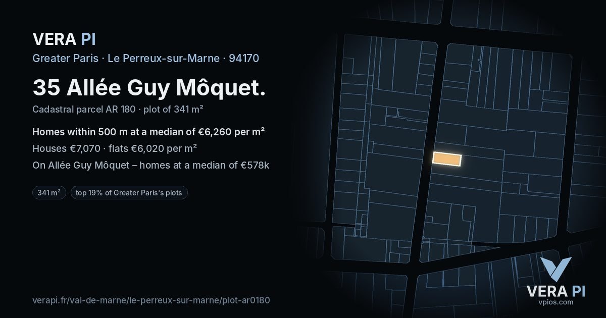 35 Allée Guy Môquet, Le Perreux-sur-Marne at night – the plot lit, the parcels around coloured by the prices near them