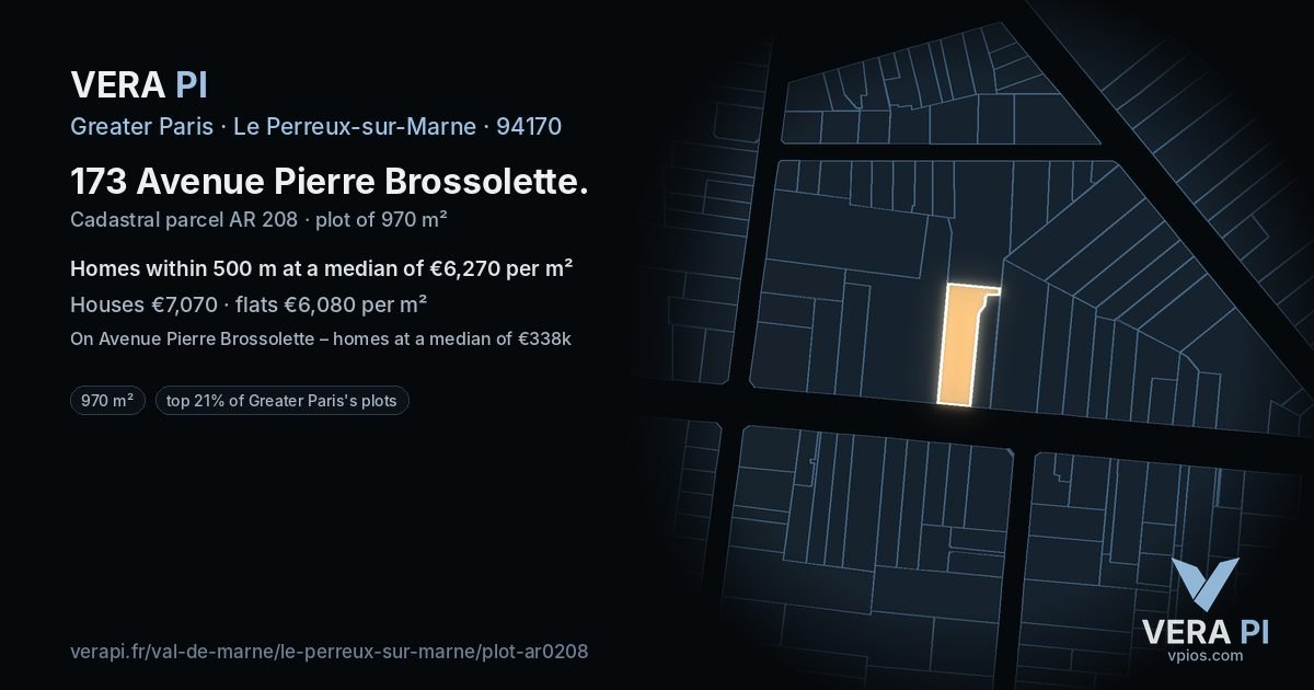 173 Avenue Pierre Brossolette, Le Perreux-sur-Marne at night – the plot lit, the parcels around coloured by the prices near them
