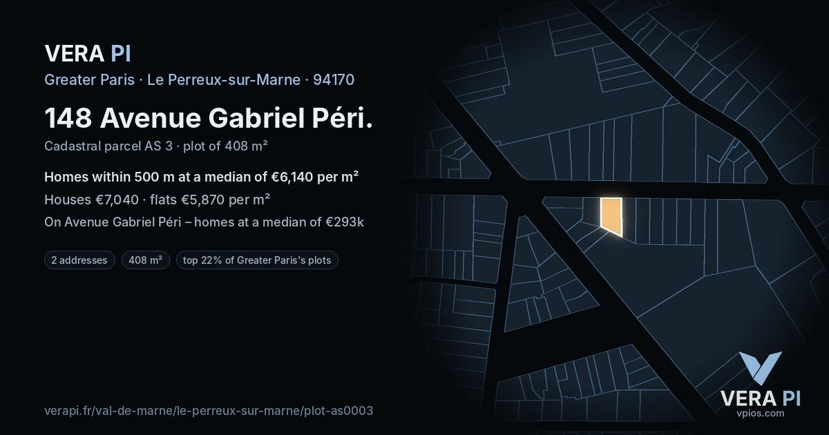 148 Avenue Gabriel Péri, Le Perreux-sur-Marne at night – the plot lit, the parcels around coloured by the prices near them