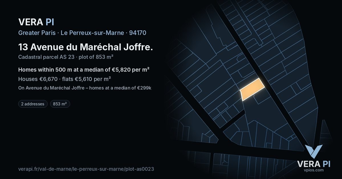 13 Avenue du Maréchal Joffre, Le Perreux-sur-Marne at night – the plot lit, the parcels around coloured by the prices near them
