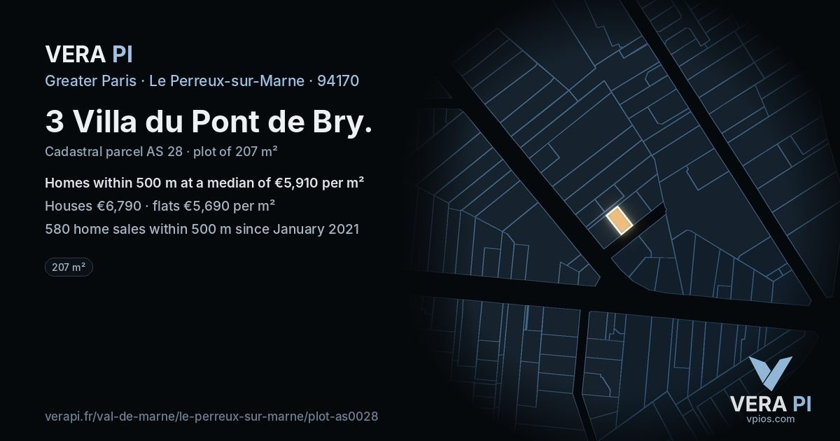 3 Villa du Pont de Bry, Le Perreux-sur-Marne at night – the plot lit, the parcels around coloured by the prices near them
