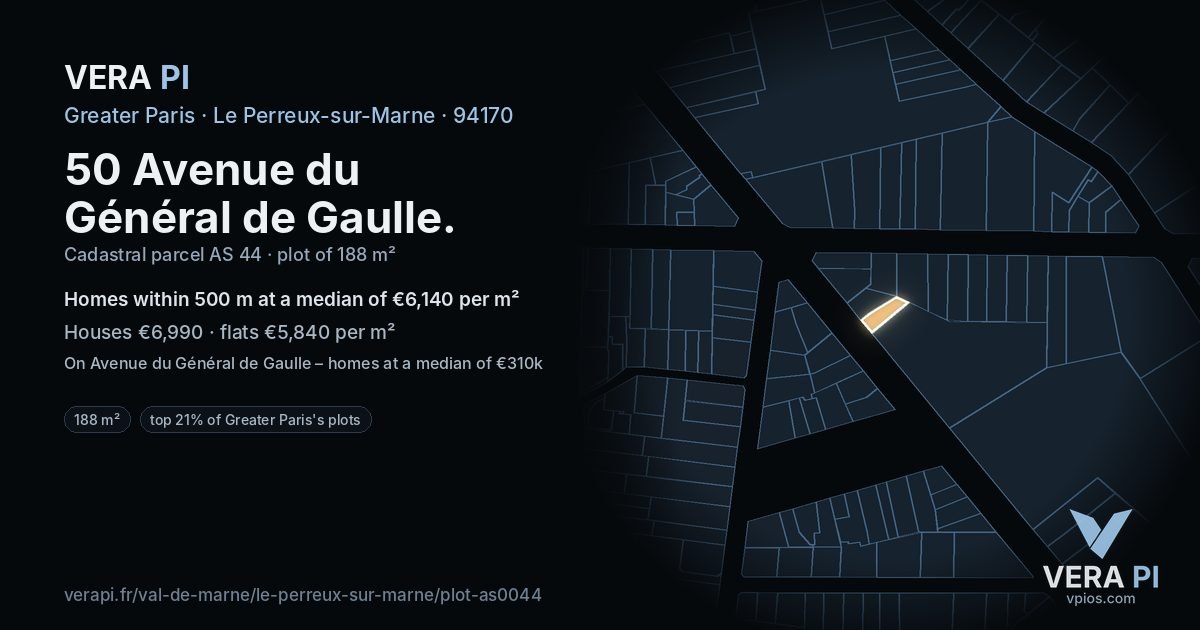 50 Avenue du Général de Gaulle, Le Perreux-sur-Marne at night – the plot lit, the parcels around coloured by the prices near them