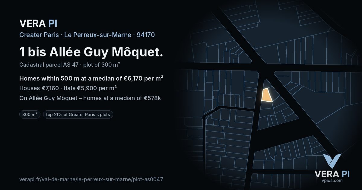 1 bis Allée Guy Môquet, Le Perreux-sur-Marne at night – the plot lit, the parcels around coloured by the prices near them