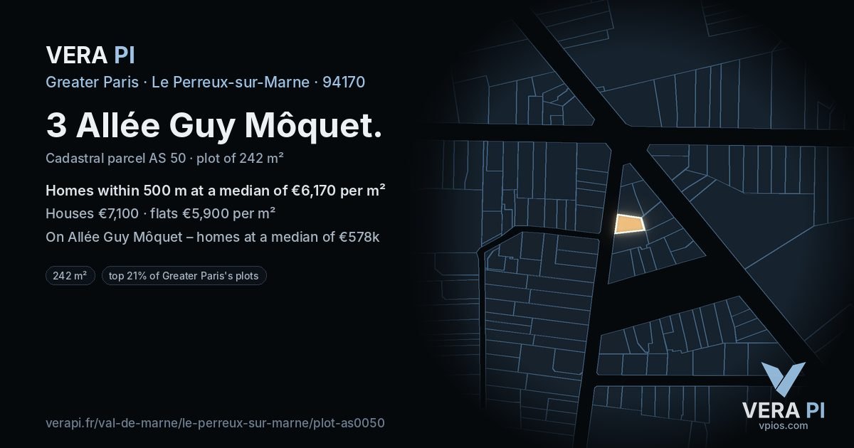 3 Allée Guy Môquet, Le Perreux-sur-Marne at night – the plot lit, the parcels around coloured by the prices near them