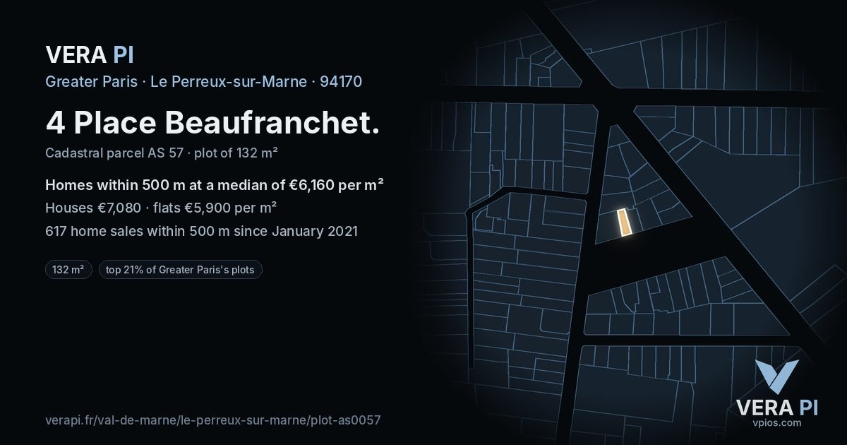 4 Place Beaufranchet, Le Perreux-sur-Marne at night – the plot lit, the parcels around coloured by the prices near them