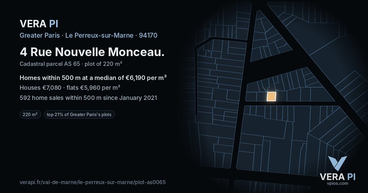 4 Rue Nouvelle Monceau, Le Perreux-sur-Marne at night – the plot lit, the parcels around coloured by the prices near them