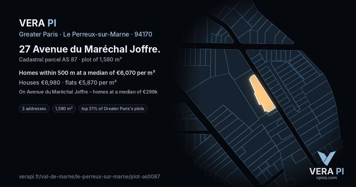 27 Avenue du Maréchal Joffre, Le Perreux-sur-Marne at night – the plot lit, the parcels around coloured by the prices near them