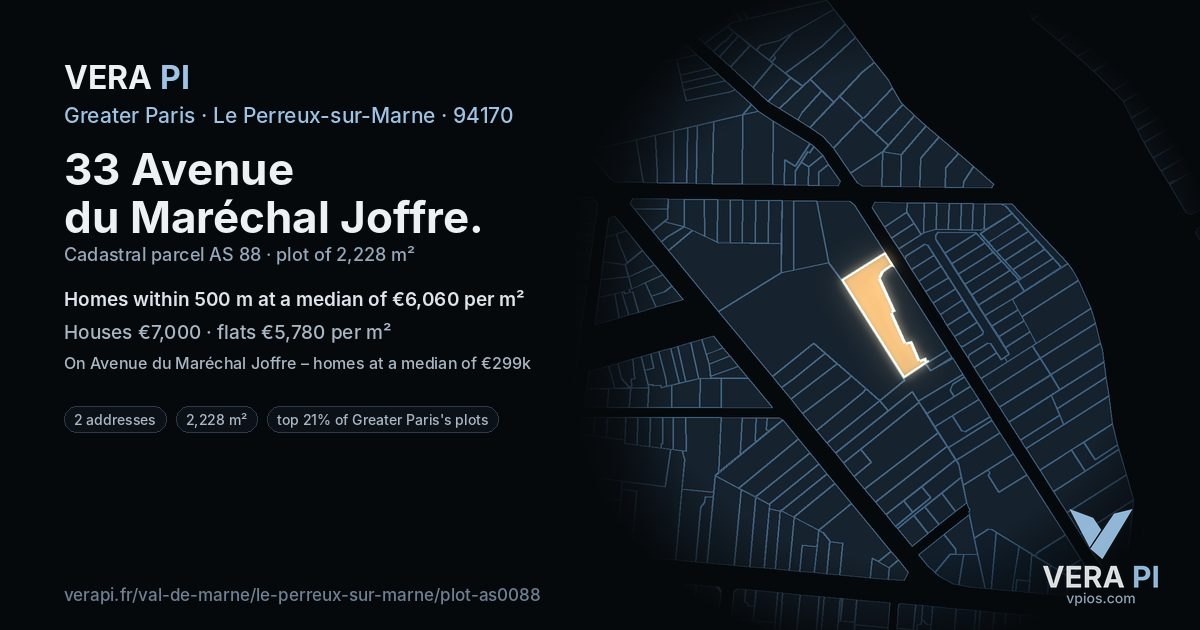 33 Avenue du Maréchal Joffre, Le Perreux-sur-Marne at night – the plot lit, the parcels around coloured by the prices near them
