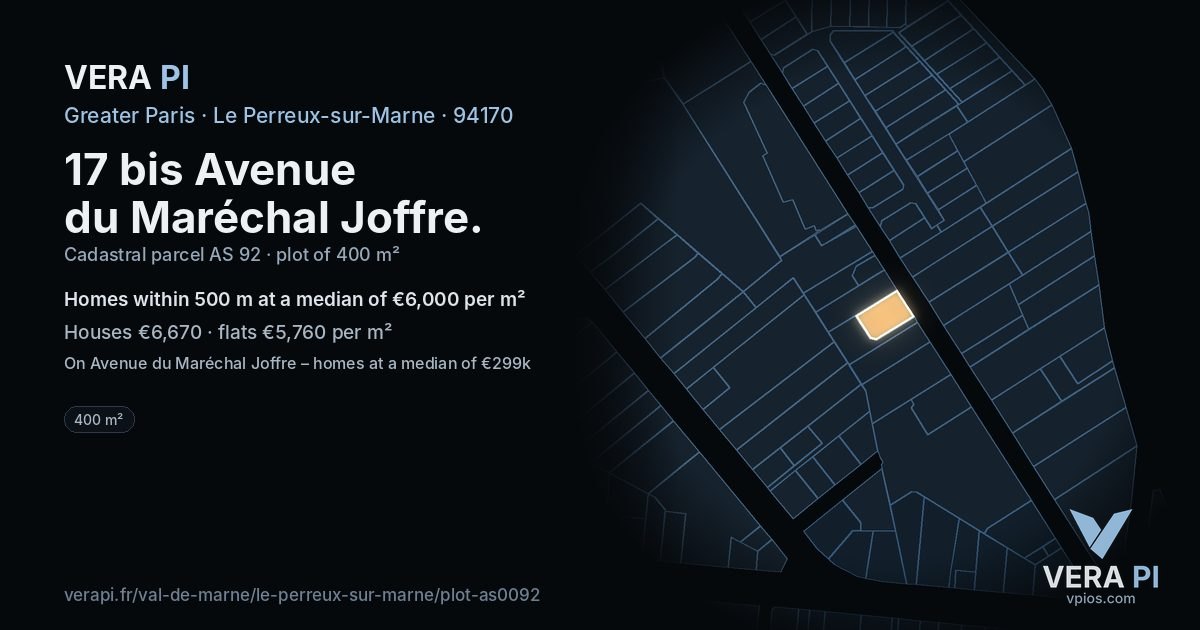 17 bis Avenue du Maréchal Joffre, Le Perreux-sur-Marne at night – the plot lit, the parcels around coloured by the prices near them