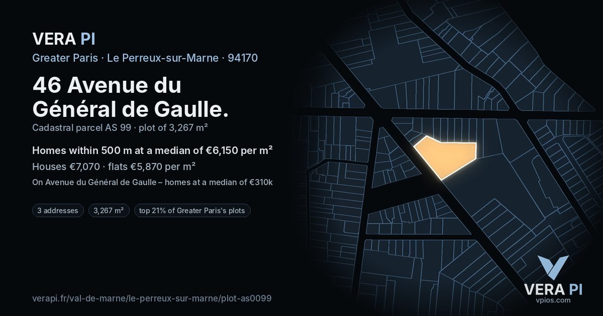 46 Avenue du Général de Gaulle, Le Perreux-sur-Marne at night – the plot lit, the parcels around coloured by the prices near them
