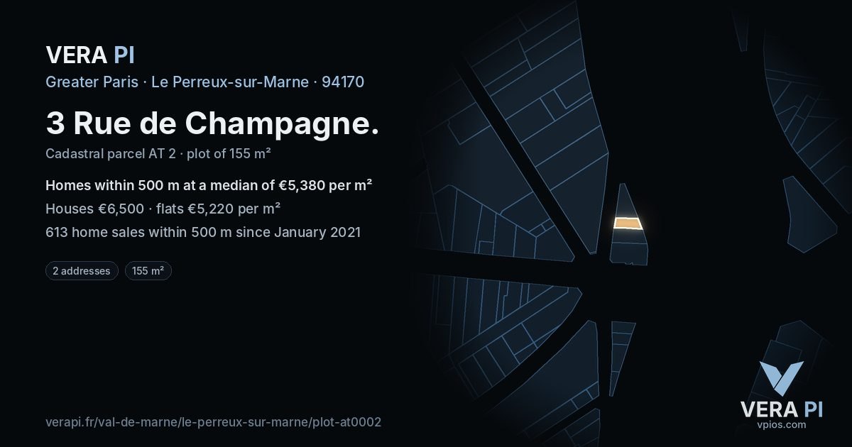 3 Rue de Champagne, Le Perreux-sur-Marne at night – the plot lit, the parcels around coloured by the prices near them