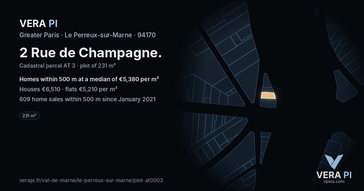 2 Rue de Champagne, Le Perreux-sur-Marne at night – the plot lit, the parcels around coloured by the prices near them