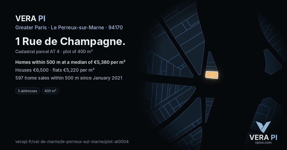 1 Rue de Champagne, Le Perreux-sur-Marne at night – the plot lit, the parcels around coloured by the prices near them