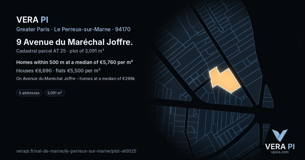 9 Avenue du Maréchal Joffre, Le Perreux-sur-Marne at night – the plot lit, the parcels around coloured by the prices near them