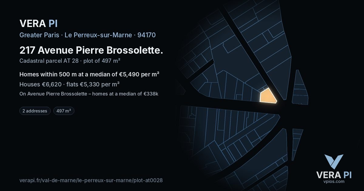 217 Avenue Pierre Brossolette, Le Perreux-sur-Marne at night – the plot lit, the parcels around coloured by the prices near them