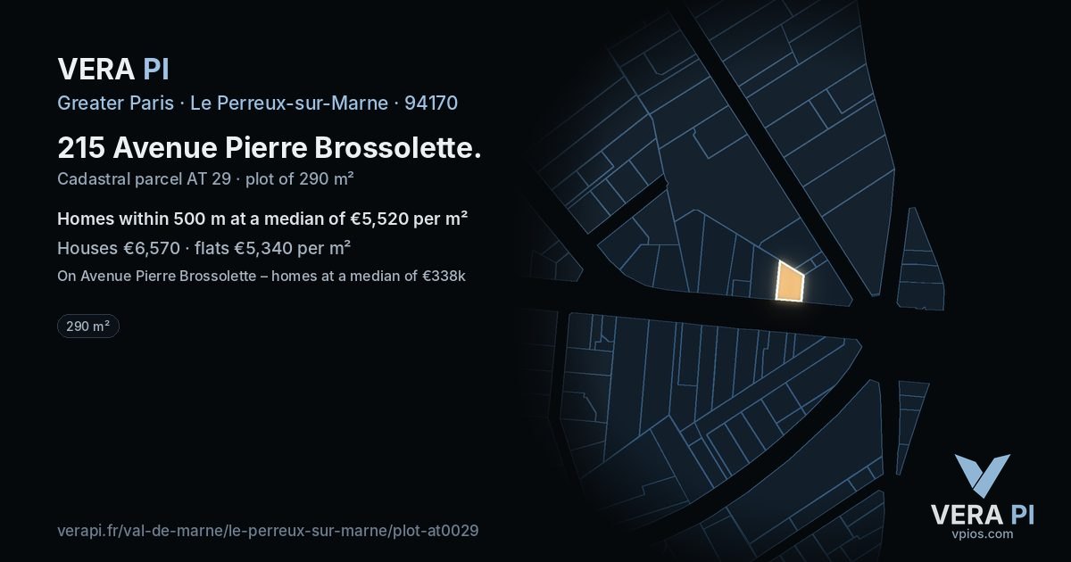 215 Avenue Pierre Brossolette, Le Perreux-sur-Marne at night – the plot lit, the parcels around coloured by the prices near them