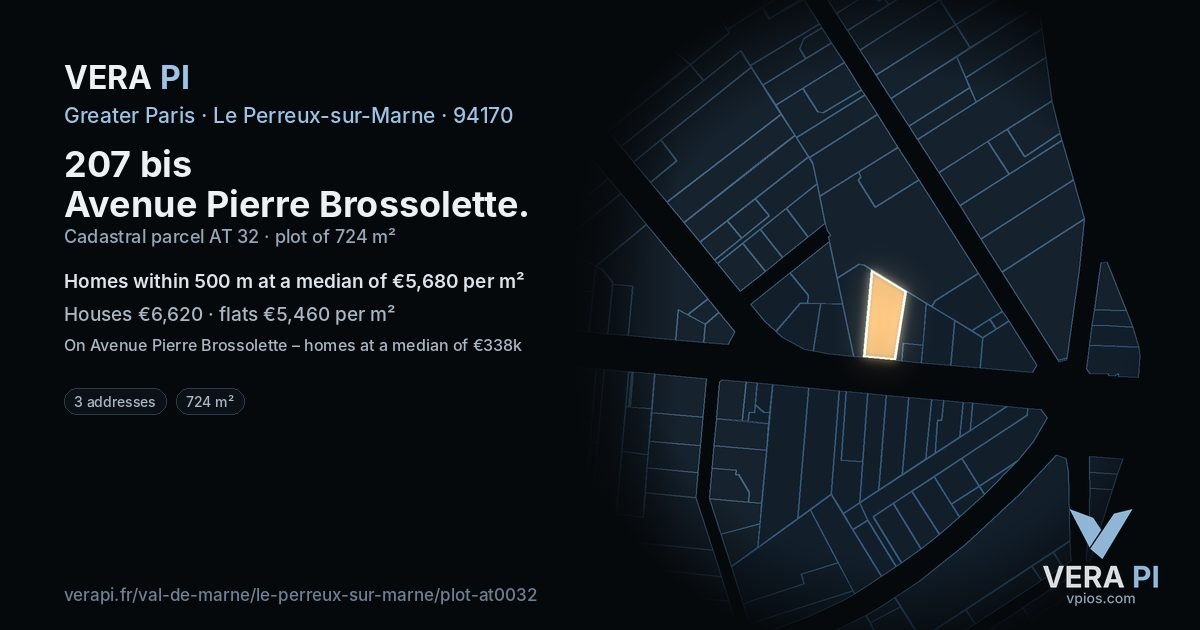 207 bis Avenue Pierre Brossolette, Le Perreux-sur-Marne at night – the plot lit, the parcels around coloured by the prices near them
