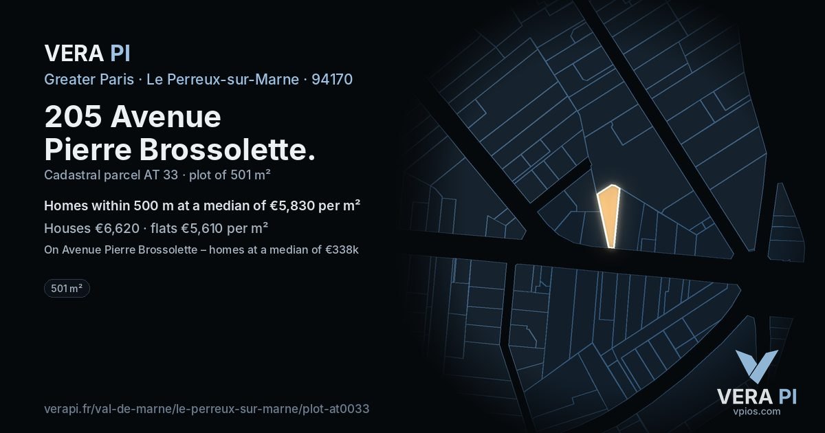 205 Avenue Pierre Brossolette, Le Perreux-sur-Marne at night – the plot lit, the parcels around coloured by the prices near them