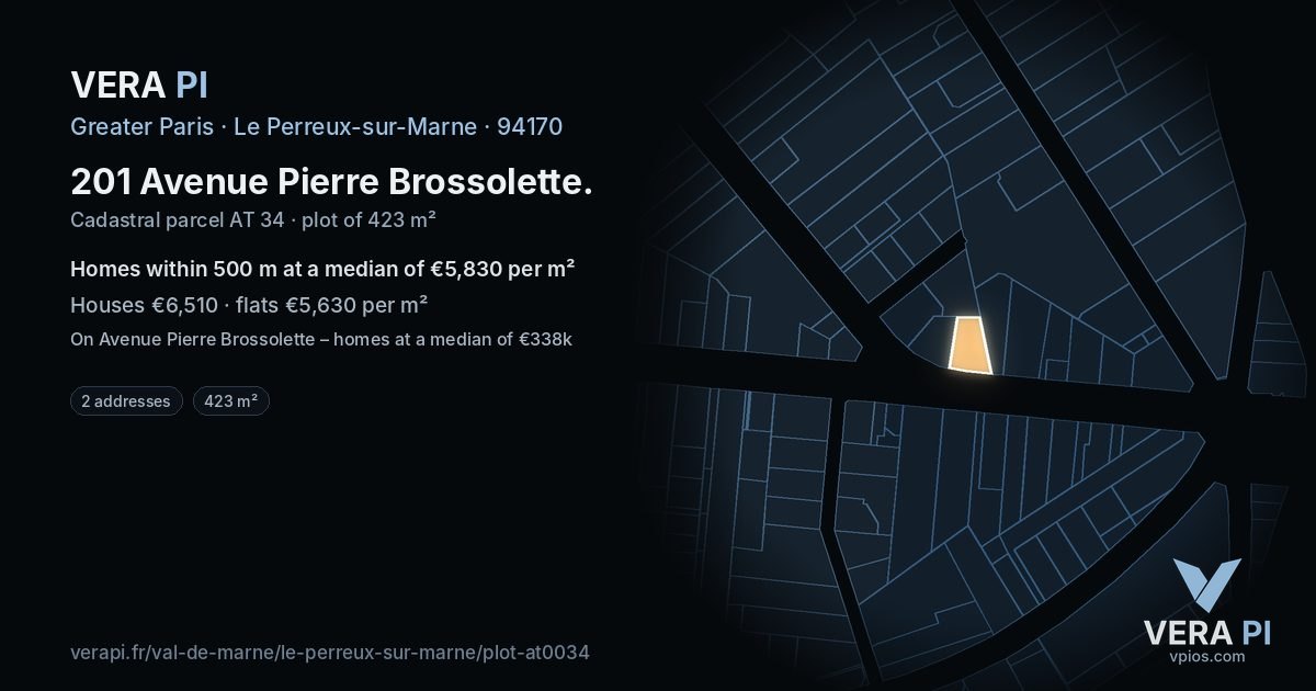 201 Avenue Pierre Brossolette, Le Perreux-sur-Marne at night – the plot lit, the parcels around coloured by the prices near them