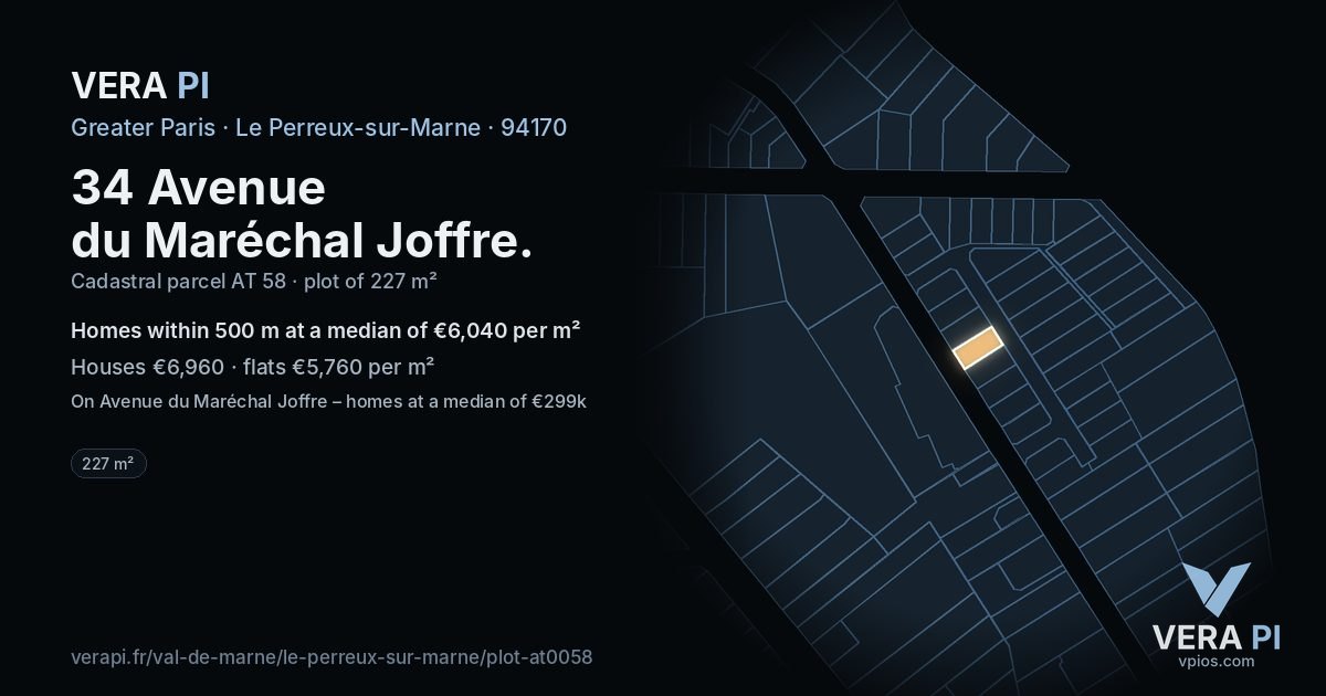 34 Avenue du Maréchal Joffre, Le Perreux-sur-Marne at night – the plot lit, the parcels around coloured by the prices near them