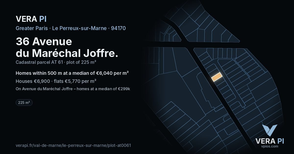 36 Avenue du Maréchal Joffre, Le Perreux-sur-Marne at night – the plot lit, the parcels around coloured by the prices near them
