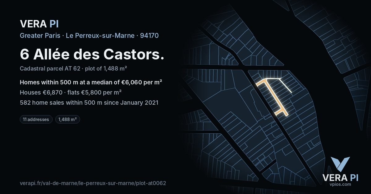 6 Allée des Castors, Le Perreux-sur-Marne at night – the plot lit, the parcels around coloured by the prices near them