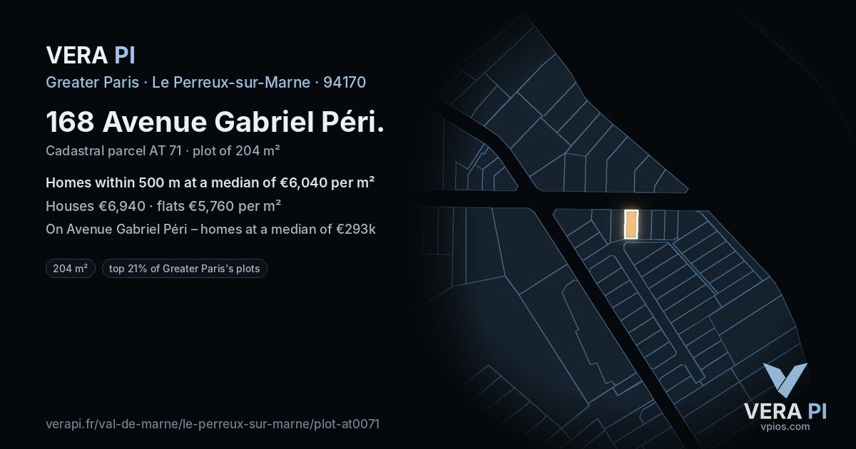 168 Avenue Gabriel Péri, Le Perreux-sur-Marne at night – the plot lit, the parcels around coloured by the prices near them