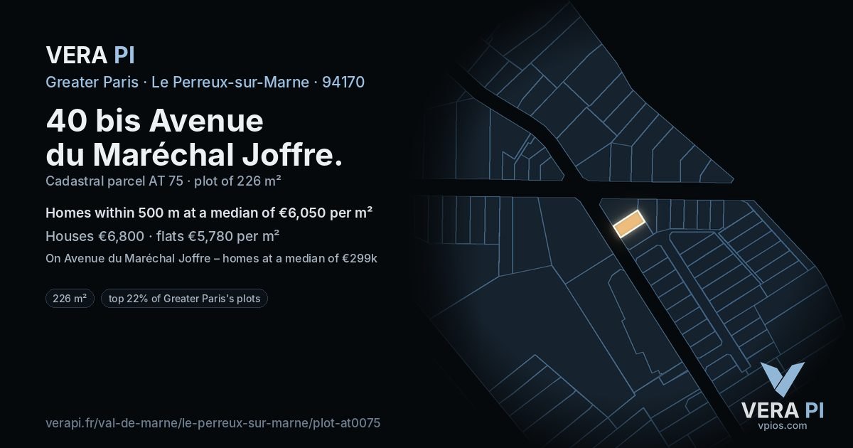 40 bis Avenue du Maréchal Joffre, Le Perreux-sur-Marne at night – the plot lit, the parcels around coloured by the prices near them