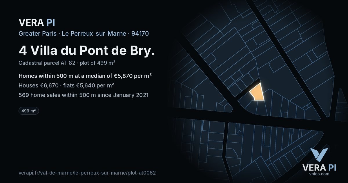 4 Villa du Pont de Bry, Le Perreux-sur-Marne at night – the plot lit, the parcels around coloured by the prices near them