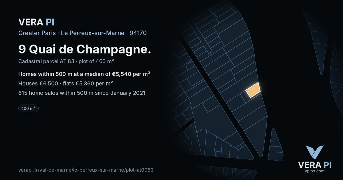9 Quai de Champagne, Le Perreux-sur-Marne at night – the plot lit, the parcels around coloured by the prices near them