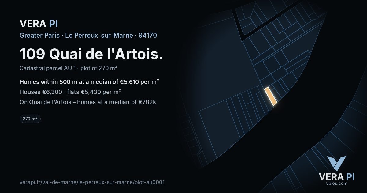 109 Quai de l'Artois, Le Perreux-sur-Marne at night – the plot lit, the parcels around coloured by the prices near them
