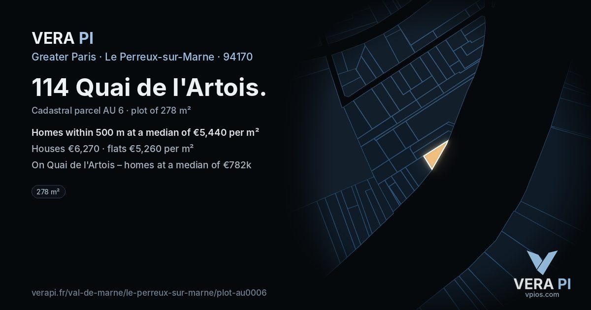 114 Quai de l'Artois, Le Perreux-sur-Marne at night – the plot lit, the parcels around coloured by the prices near them