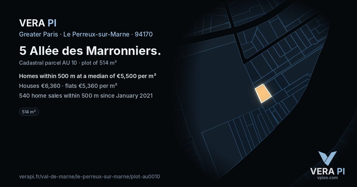 5 Allée des Marronniers, Le Perreux-sur-Marne at night – the plot lit, the parcels around coloured by the prices near them