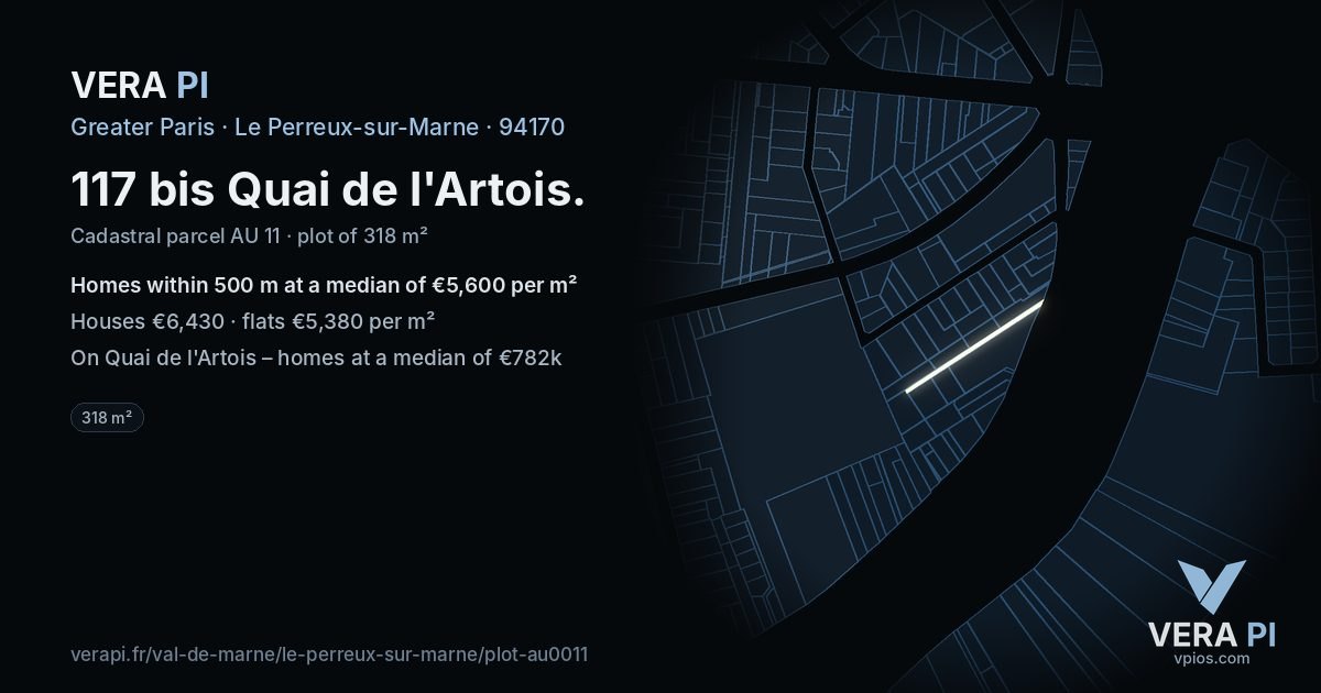 117 bis Quai de l'Artois, Le Perreux-sur-Marne at night – the plot lit, the parcels around coloured by the prices near them
