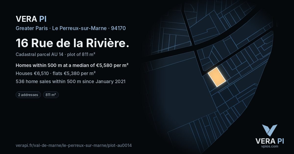 16 Rue de la Rivière, Le Perreux-sur-Marne at night – the plot lit, the parcels around coloured by the prices near them