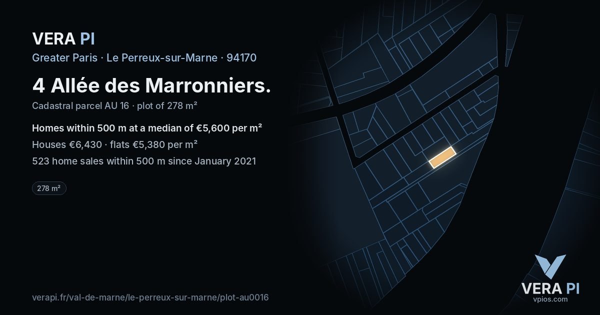 4 Allée des Marronniers, Le Perreux-sur-Marne at night – the plot lit, the parcels around coloured by the prices near them
