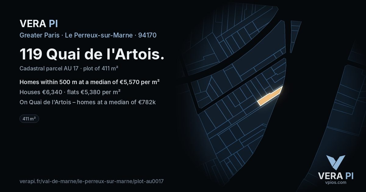 119 Quai de l'Artois, Le Perreux-sur-Marne at night – the plot lit, the parcels around coloured by the prices near them