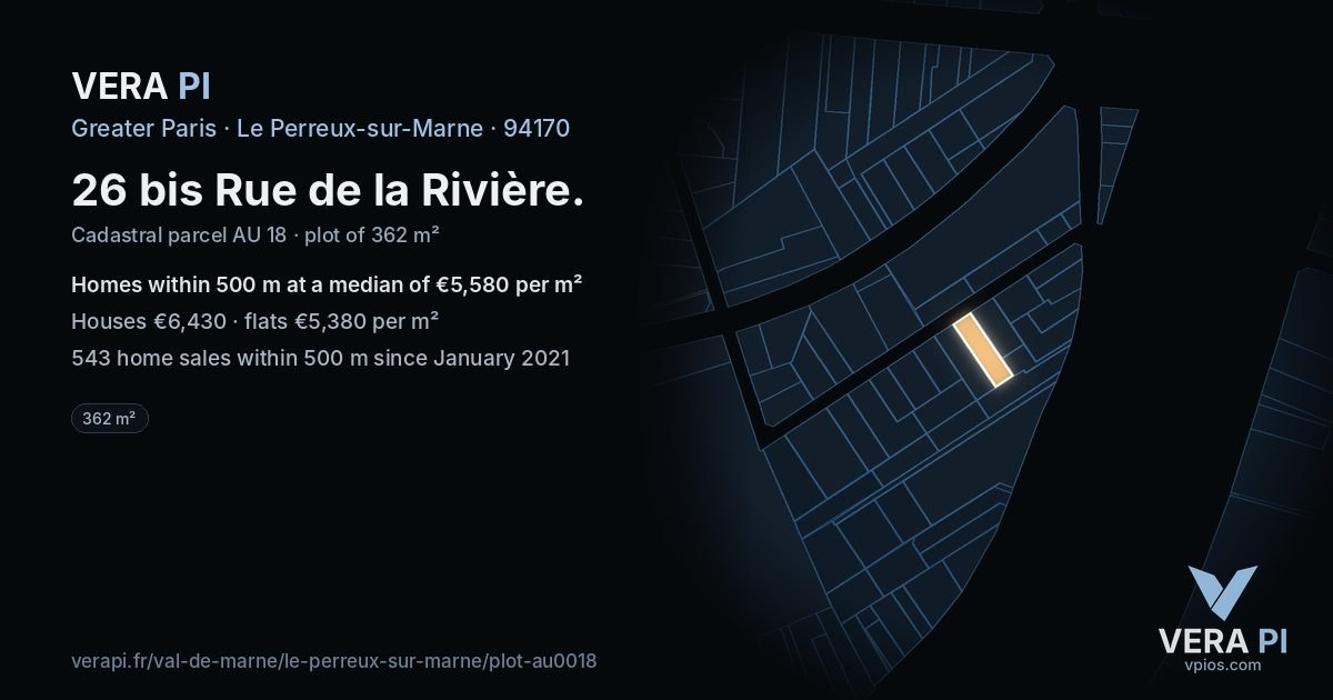 26 bis Rue de la Rivière, Le Perreux-sur-Marne at night – the plot lit, the parcels around coloured by the prices near them