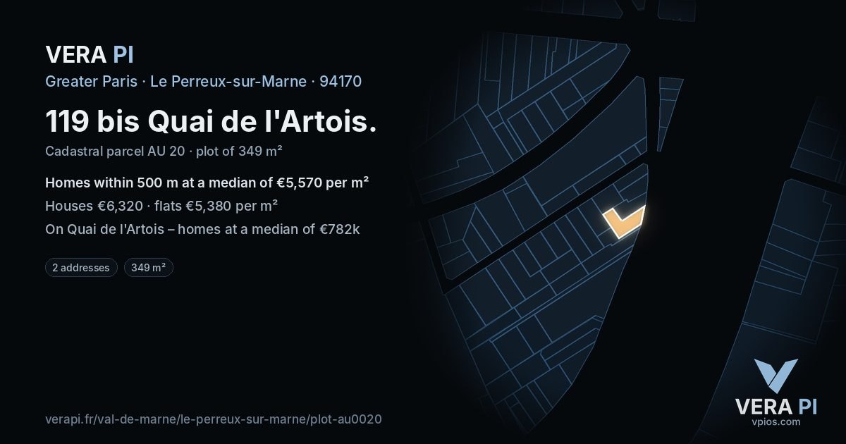 119 bis Quai de l'Artois, Le Perreux-sur-Marne at night – the plot lit, the parcels around coloured by the prices near them