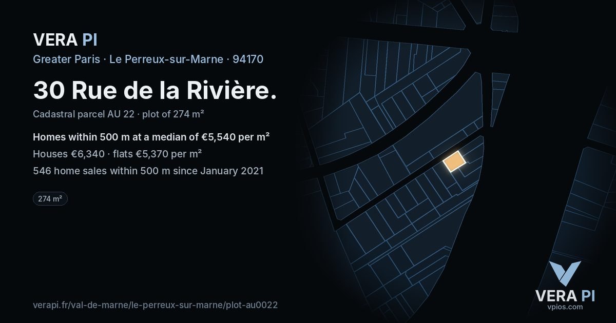 30 Rue de la Rivière, Le Perreux-sur-Marne at night – the plot lit, the parcels around coloured by the prices near them